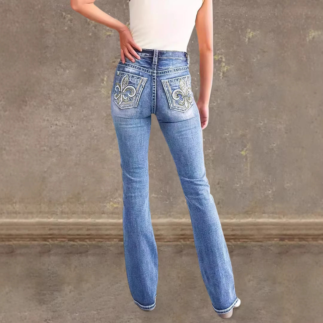 Damen Flared Jeans im Vintage-Stil mit hochgradigem Detail und raffinierten Stickereien