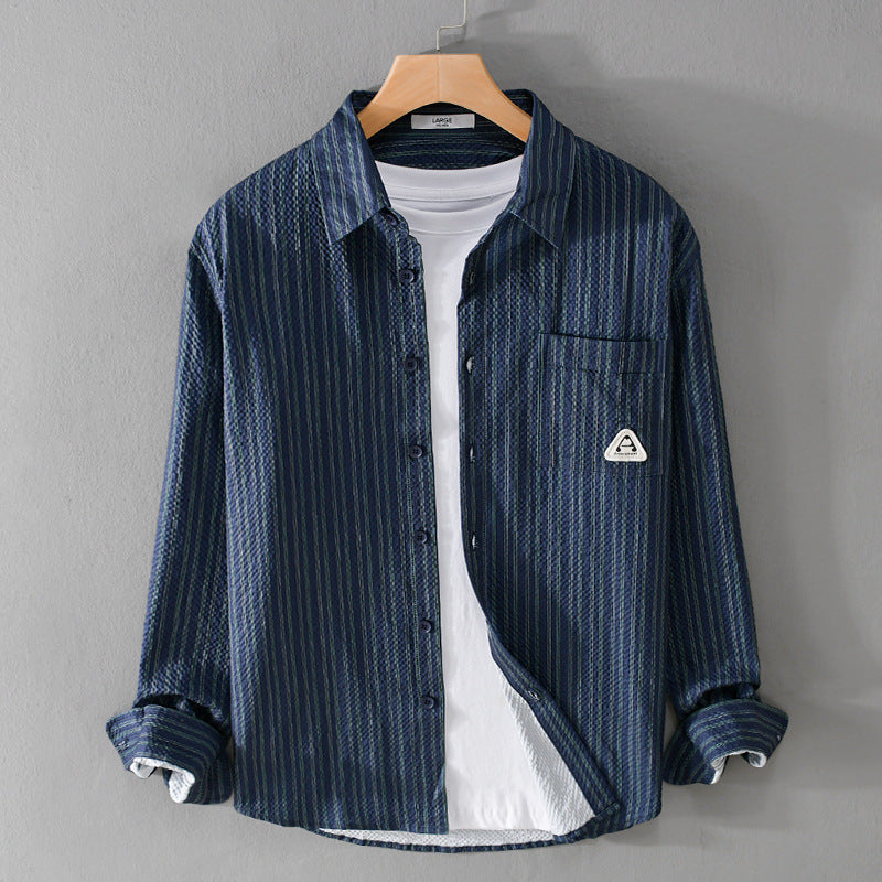 Herren Leichtes gestreiftes Baumwoll‑Leinen Layering‑Overshirt mit Kentkragen, Brusttasche und Crinkle‑Struktur Nord Taschen