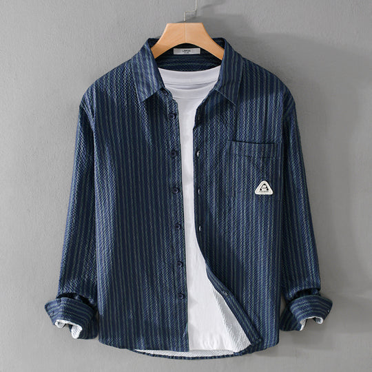 Herren Leichtes gestreiftes Baumwoll‑Leinen Layering‑Overshirt mit Kentkragen, Brusttasche und Crinkle‑Struktur Nord Taschen