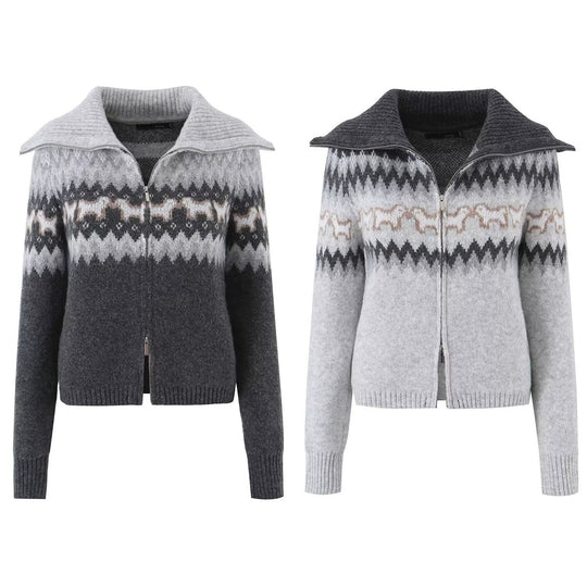 Damen Gestrickte Zip-Cardigan mit Norwegermuster und extra breitem Umlegekragen Nord Taschen