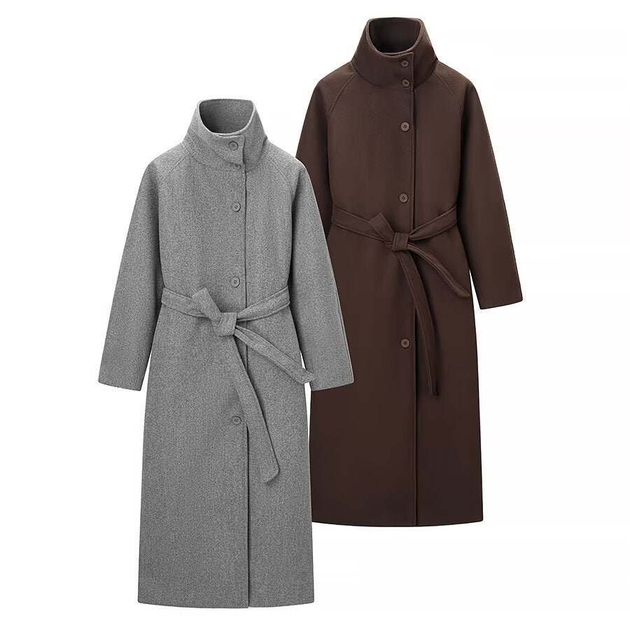 Damen Langmantel mit Bindegürtel und hohem Stehkragen aus Wollmix Nord Taschen