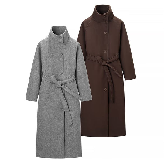 Damen Langmantel mit Bindegürtel und hohem Stehkragen aus Wollmix Nord Taschen
