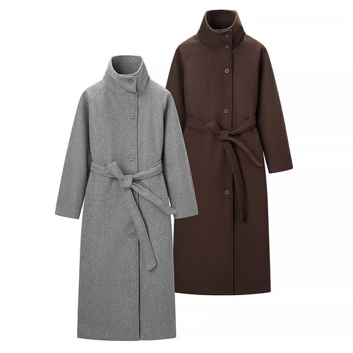 Damen Langmantel mit Bindegürtel und hohem Stehkragen aus Wollmix Nord Taschen