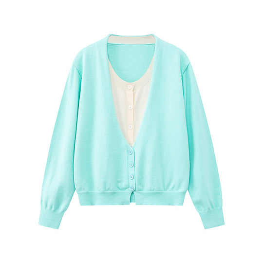 Damen Zweilagige V-Neck-Strickjacke mit integriertem Henley-Innenlayer Nord Taschen
