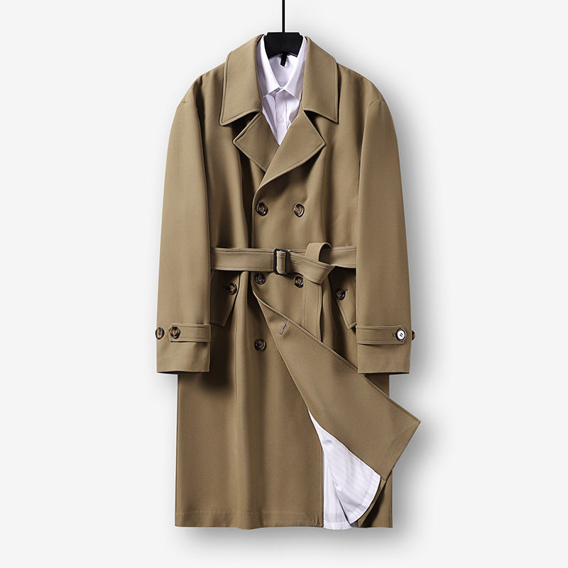 Herren Moderner knielanger Doppelreihiger Trenchcoat mit Taillengürtel Nord Taschen