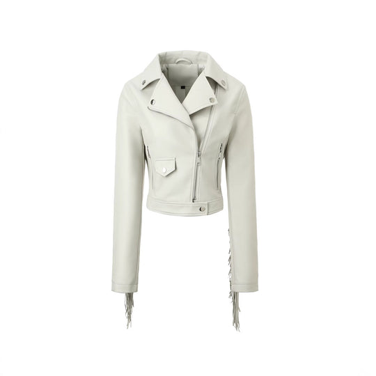 Damen Kurze Biker‑Lederjacke mit Fransenärmeln und asymmetrischem Reißverschluss Nord Taschen