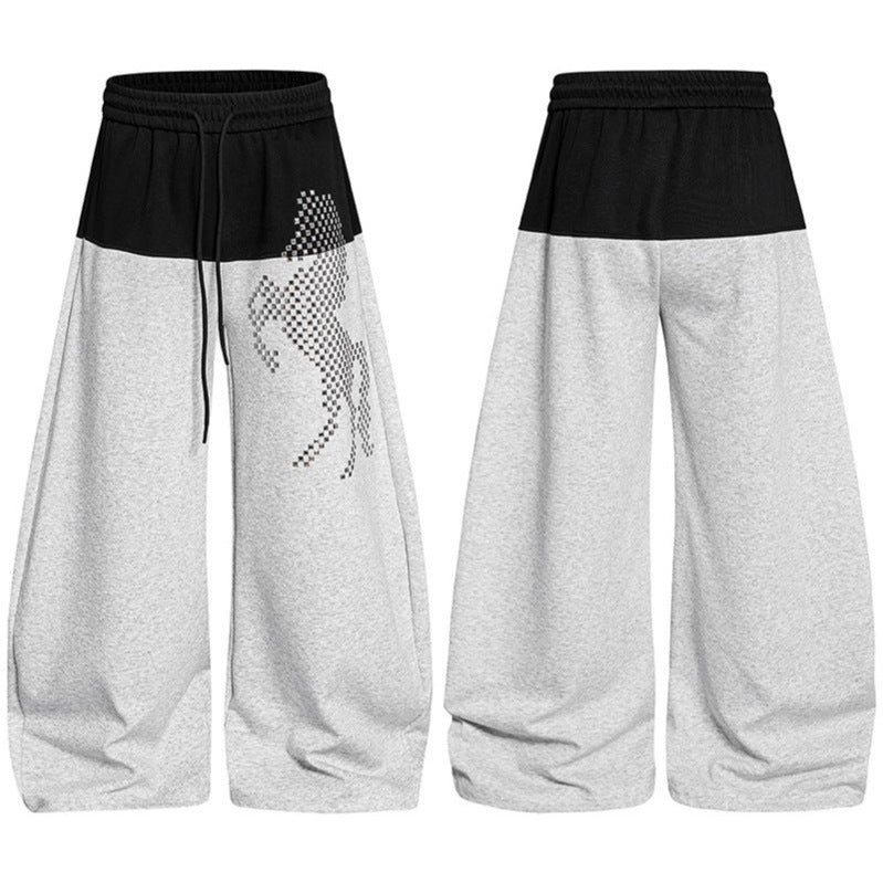 Damen Weite Palazzo-Joggpants mit hohem Elastikbund, kontrastierter Bundpartie und pixeliertem Pferde‑Motiv Nord Taschen