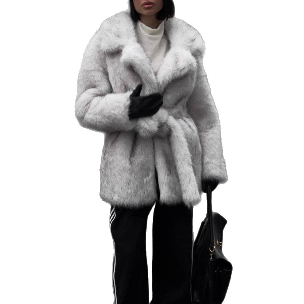 Damen Voluminöser Kurzmantel aus Kunstfell mit Taillengürtel und Oversize-Schalkragen Nord Taschen