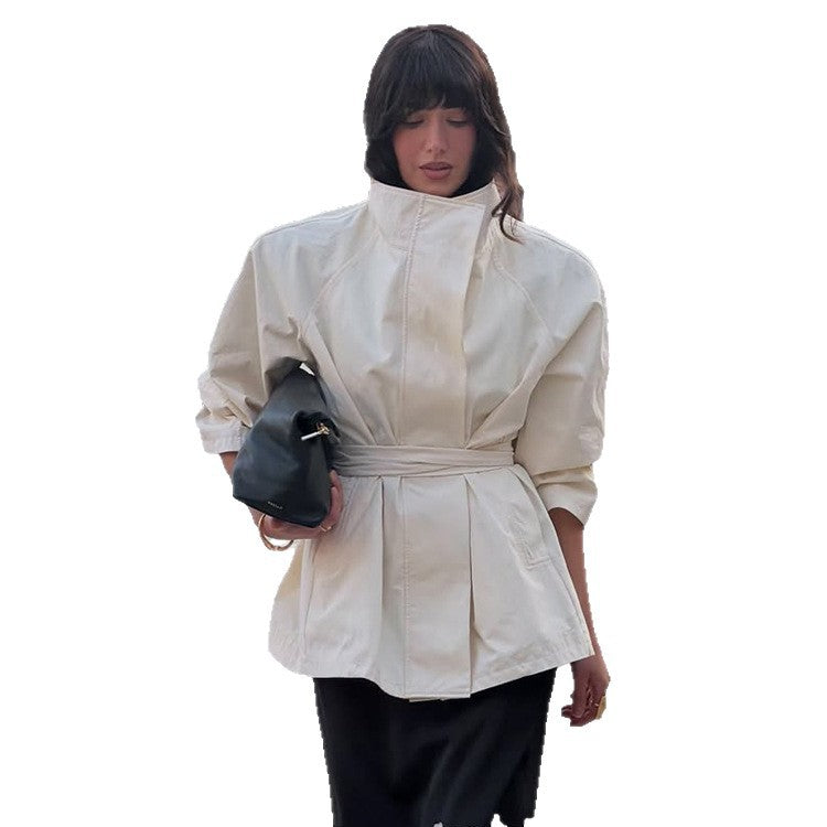 Damen Boxy-Kurzmantel mit hohem Stehkragen und Bindegürtel Nord Taschen