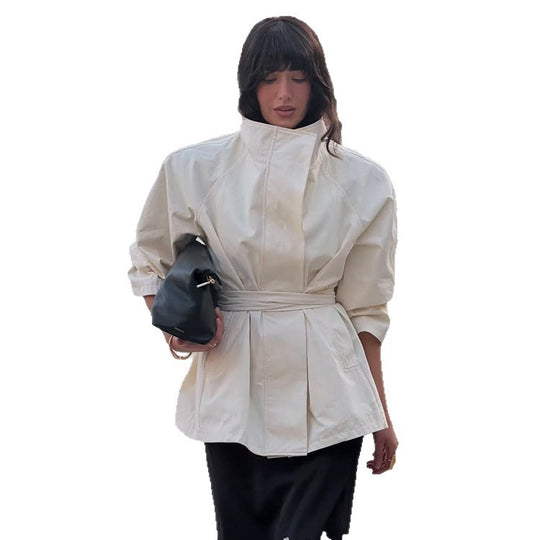Damen Boxy-Kurzmantel mit hohem Stehkragen und Bindegürtel Nord Taschen