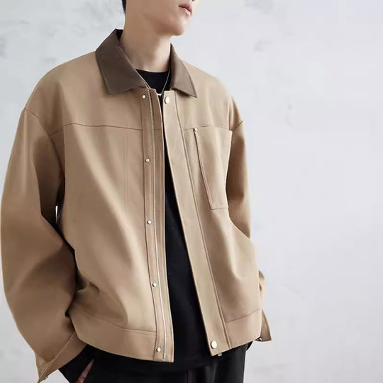 Herren Boxy-Zipjacke aus strukturiertem Baumwollmix mit Lederkragen und verdeckter Druckknopfblende Nord Taschen