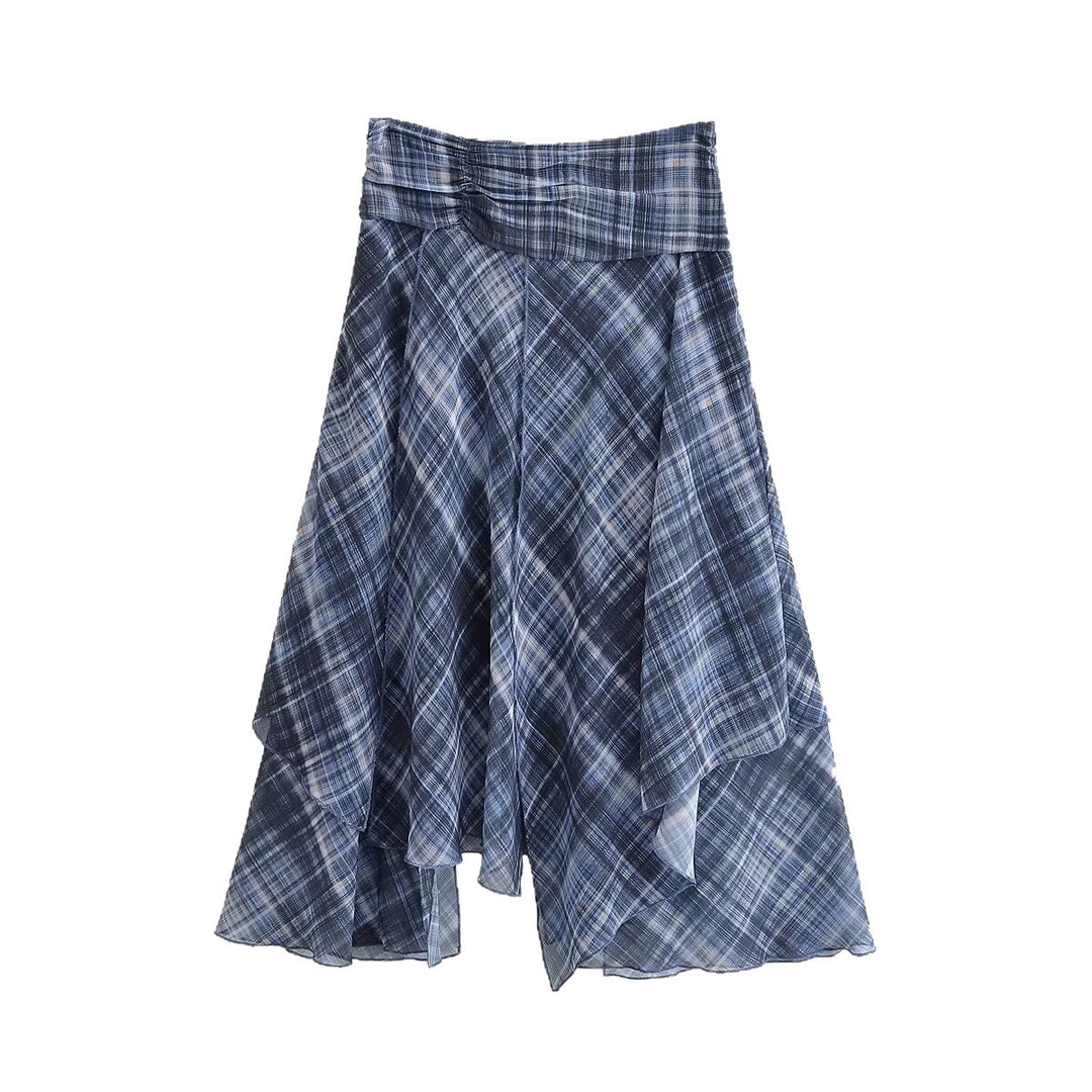 Damen Asymmetrischer Lagenrock mit hohem Falzgürtel und kariertem Chiffon Nord Taschen