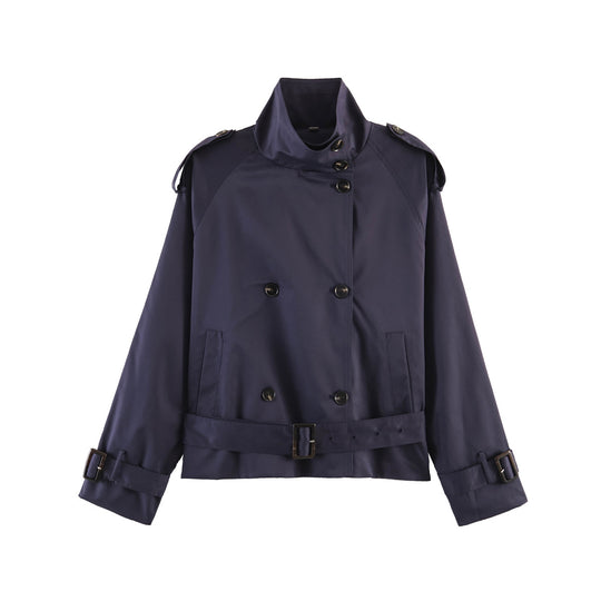 Damen gekürzte Trenchjacke mit Stehkragen doppelter Knopfreihe und Taillengürtel Nord Taschen