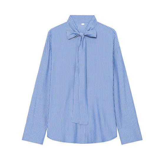 Damen Weite Bluse mit Schluppenkragen und Nadelstreifen Nord Taschen