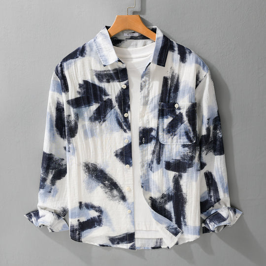 Herren Langarm-Hemdjacke mit abstraktem Pinselprint und feiner Crinkle‑Struktur Nord Taschen