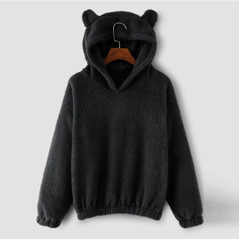 Damen Kuscheliger Teddy-Kapuzenpullover mit Bärenohren und Gummizugsaum Nord Taschen
