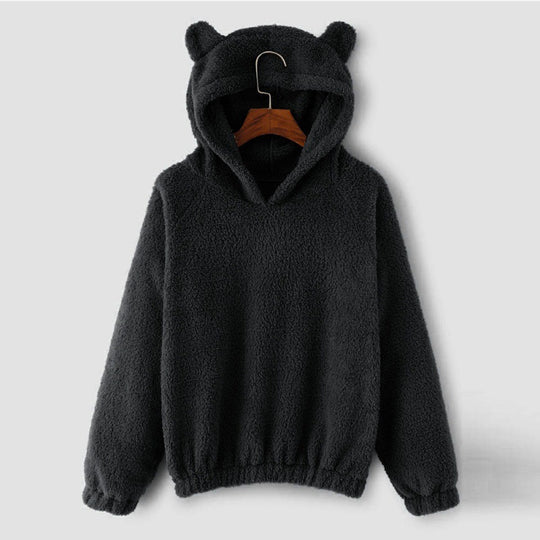 Damen Kuscheliger Teddy-Kapuzenpullover mit Bärenohren und Gummizugsaum Nord Taschen