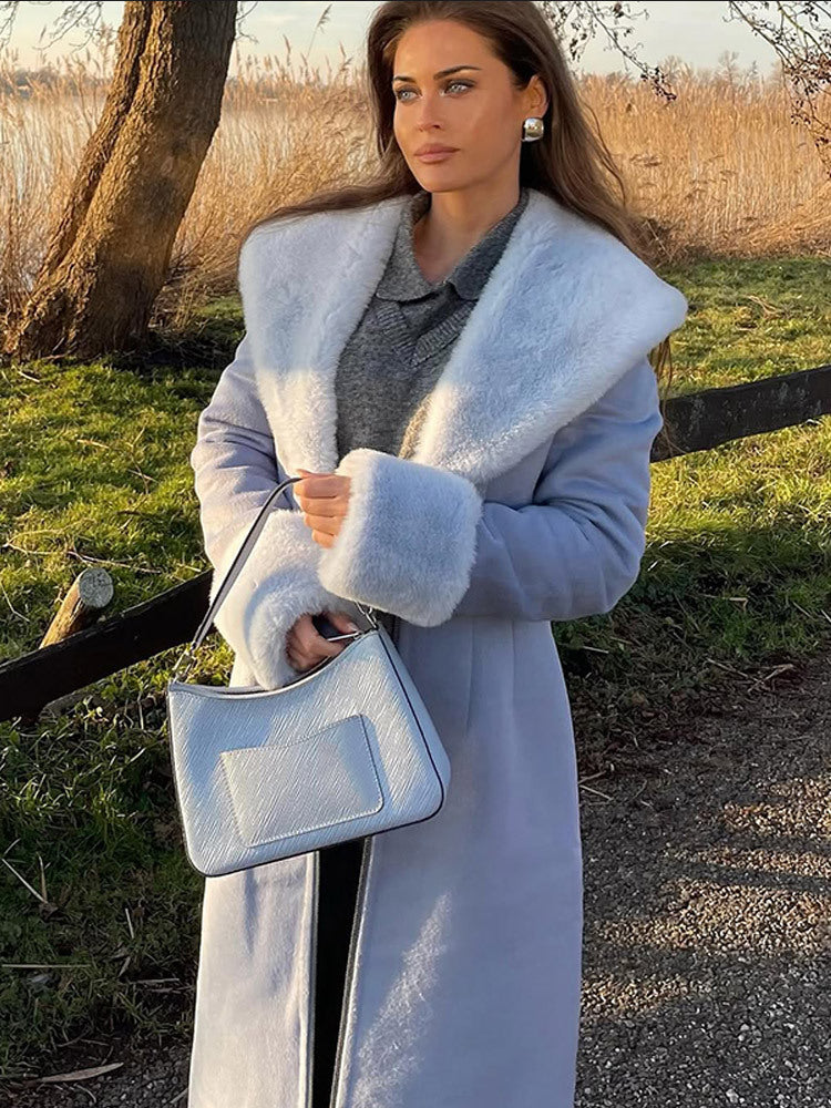 Damen Eleganter lang geschnittener Mantel aus Velours‑Optik mit voluminösem Kunstfell‑Schalkragen Nord Taschen