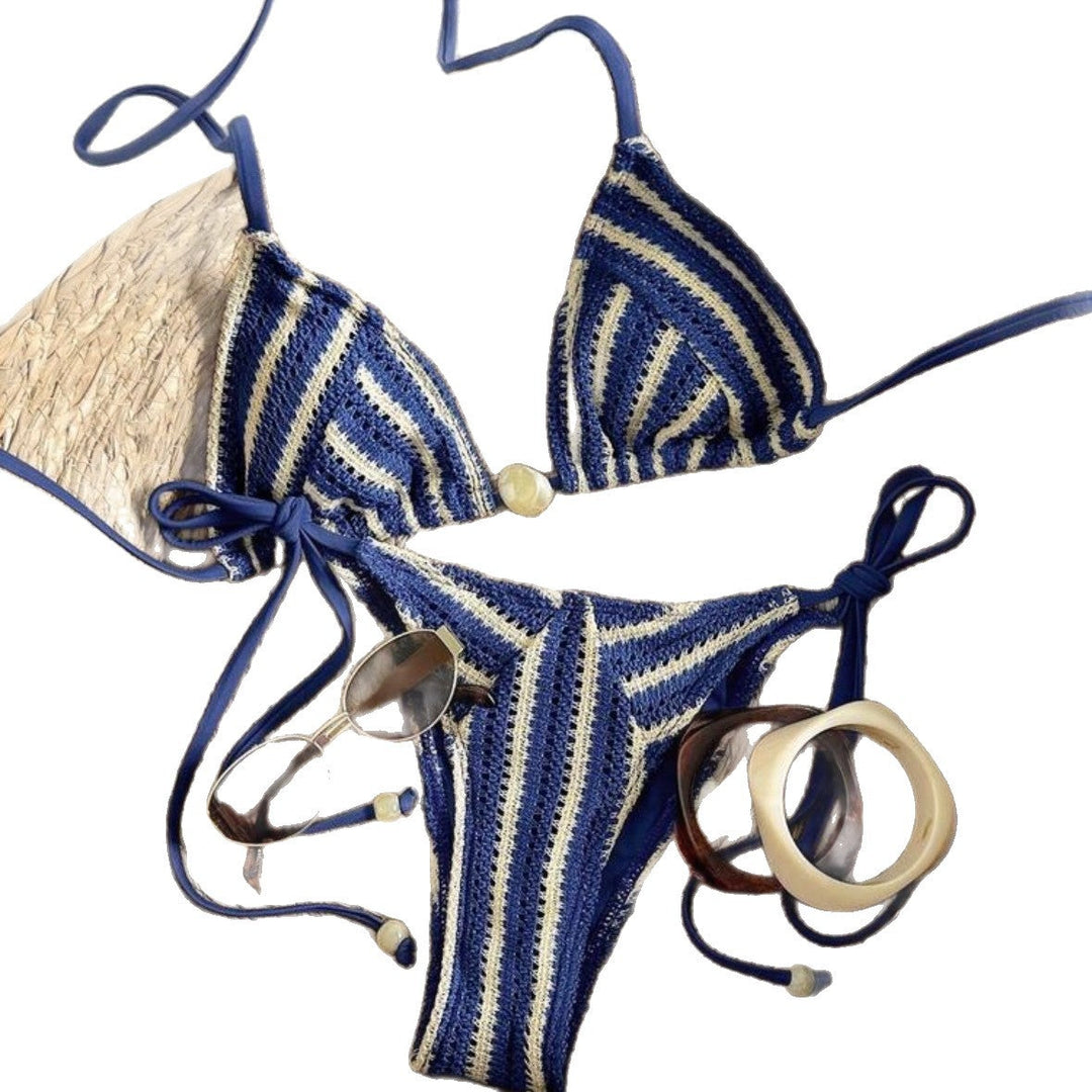 Damen Handgehäkelter Bikini mit maritimem Streifenmuster