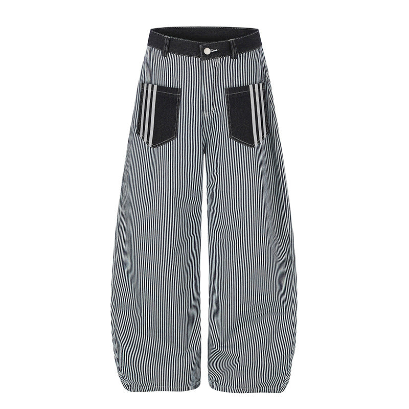 Damen Weite Streifen-Palazzo-Culotte mit hohem Bund, Gürtelschlaufen und aufgesetzten Kontrasttaschen Nord Taschen