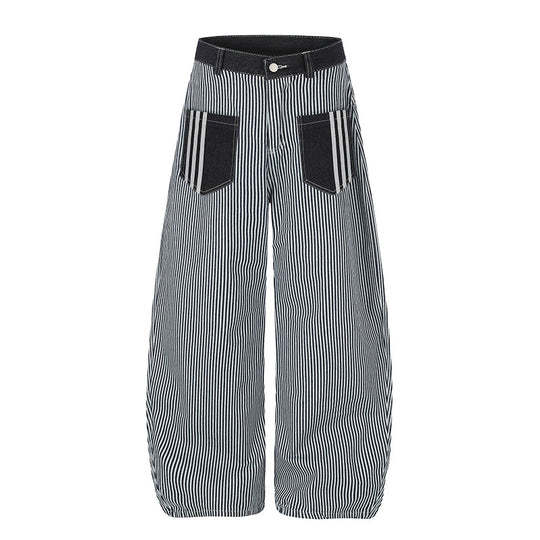 Damen Weite Streifen-Palazzo-Culotte mit hohem Bund, Gürtelschlaufen und aufgesetzten Kontrasttaschen Nord Taschen