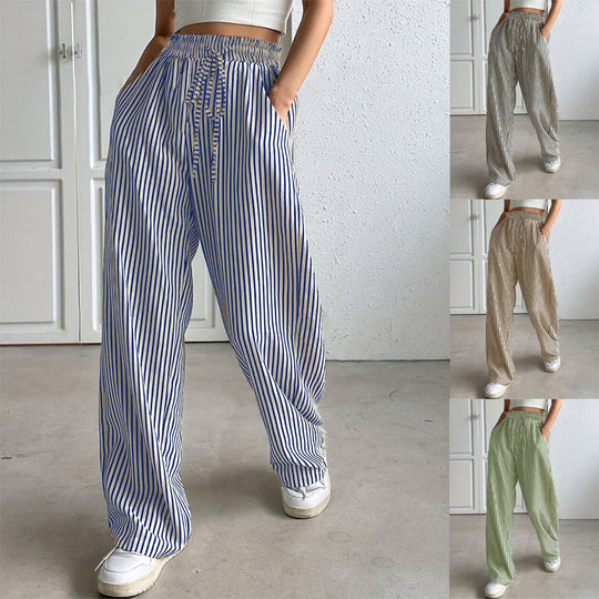 Damen Marlene-Streifenhose aus Leinenmix mit weitem Bein, Elastikbund und Kordelzug Nord Taschen