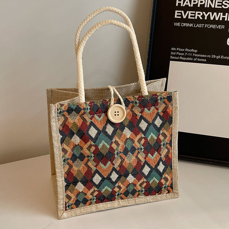 Damen modische Jute-Tragetasche mit buntem Grafikdesign Nord Taschen