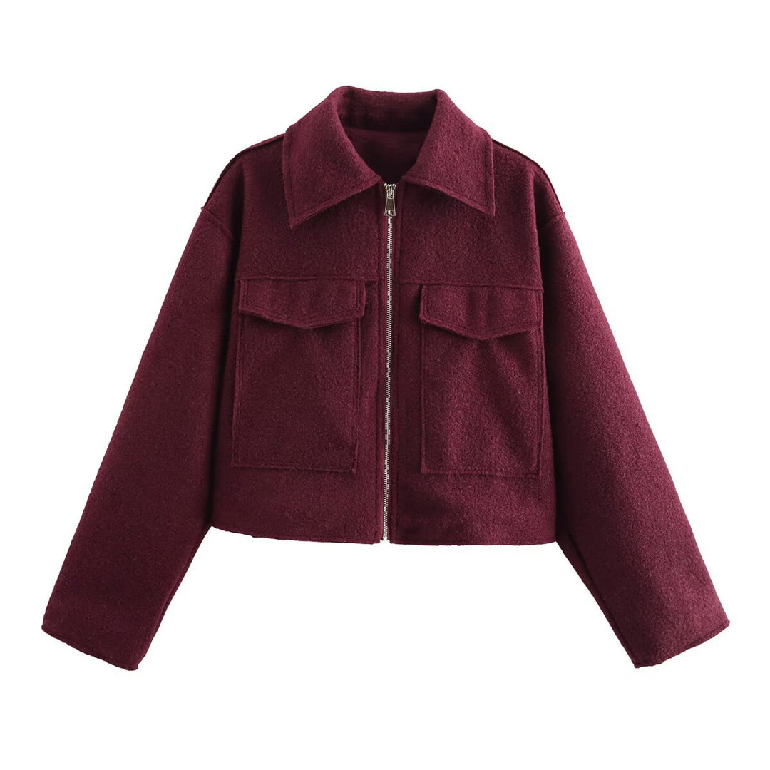 Damen Boxy-Cropped-Jacke aus Bouclé‑Wollmix mit Hemdkragen und aufgesetzten Pattentaschen Nord Taschen