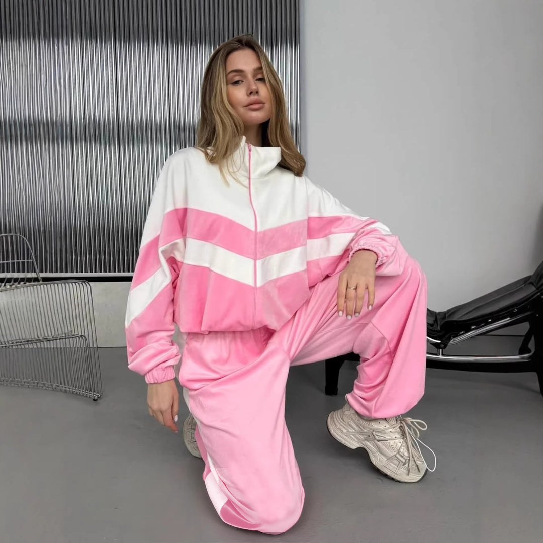 Damen Retro-inspiriertes Samt-Trackset mit Chevron-Design, Stehkragen und weiter High-Waist-Jogger Nord Taschen