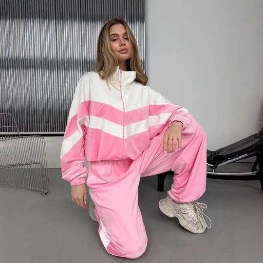 Damen Retro-inspiriertes Samt-Trackset mit Chevron-Design, Stehkragen und weiter High-Waist-Jogger Nord Taschen
