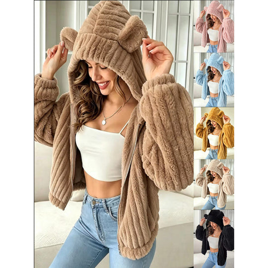 Damen Kuschelige Teddy-Kapuzenjacke mit Plüschstruktur und Kapuzenohren Nord Taschen
