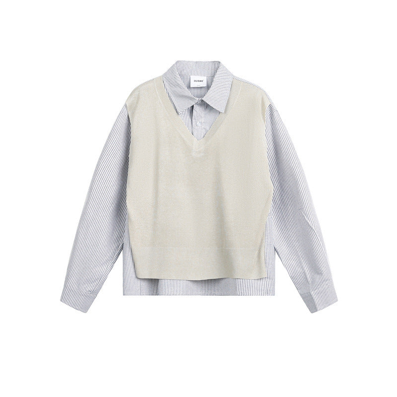Damen Lagen-Hemdbluse mit eingearbeiteter V-Ausschnitt-Strickweste Nord Taschen