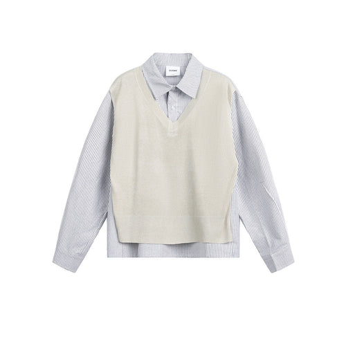 Damen Lagen-Hemdbluse mit eingearbeiteter V-Ausschnitt-Strickweste Nord Taschen