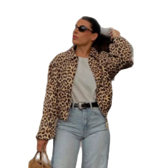 Damen gefütterte Oversize Bomberjacke mit Leopardenmuster und Stehkragen Nord Taschen