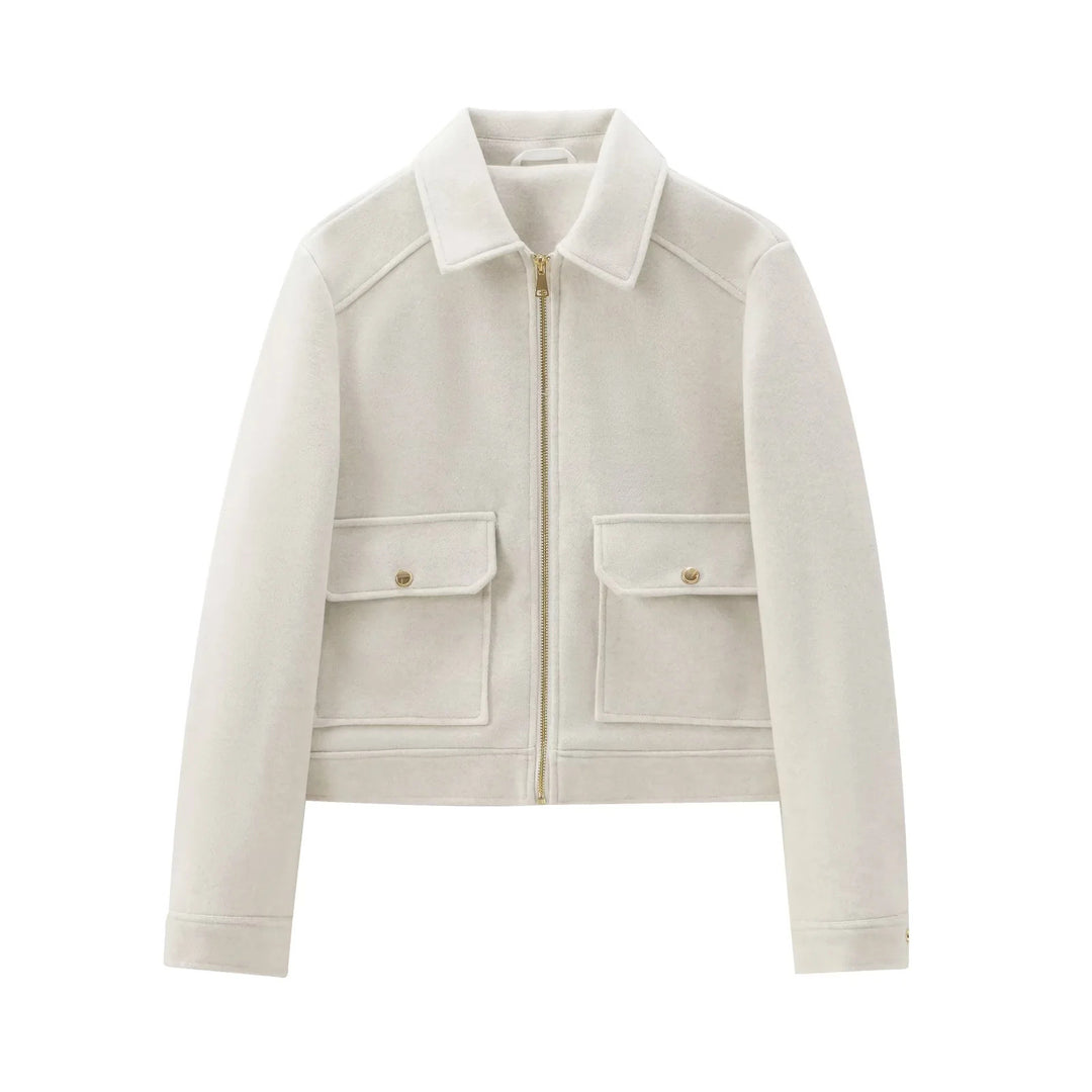 Damen 40+ kurze Woll‑Blousonjacke mit goldfarbenem Reißverschluss und aufgesetzten Pattentaschen Nord Taschen