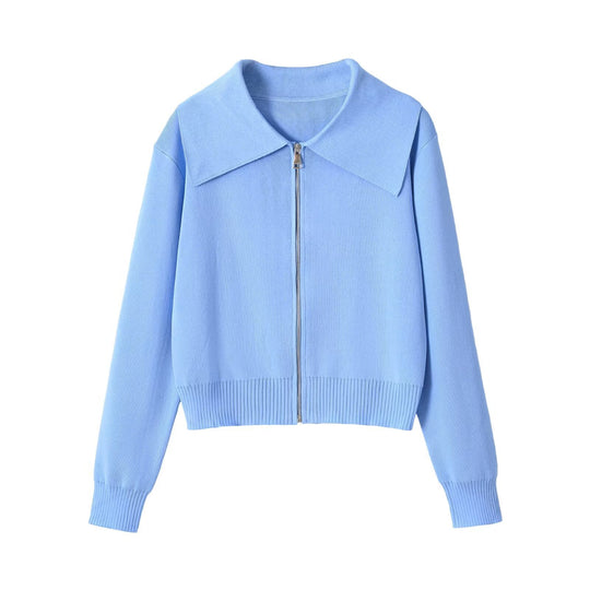 Damen Kurzgeschnittene Strickjacke mit breitem Reverskragen und Reißverschluss Nord Taschen