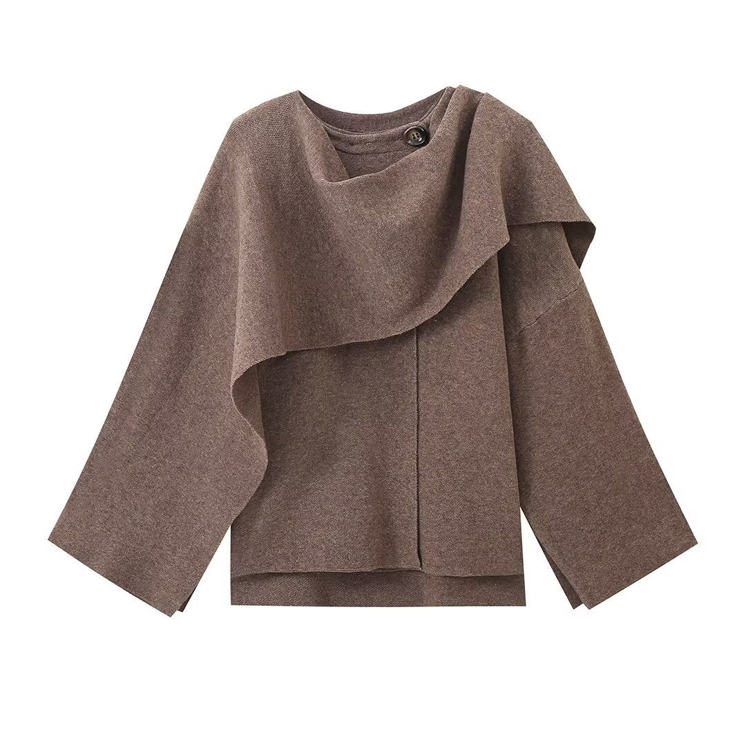 Damen 900+ drapierter Oversize Poncho‑Pullover mit Wasserfallkragen und Zierknopf Nord Taschen