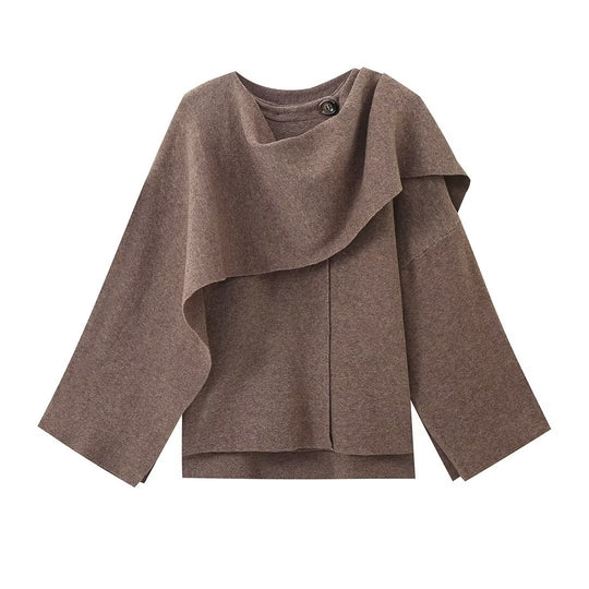 Damen 900+ drapierter Oversize Poncho‑Pullover mit Wasserfallkragen und Zierknopf Nord Taschen