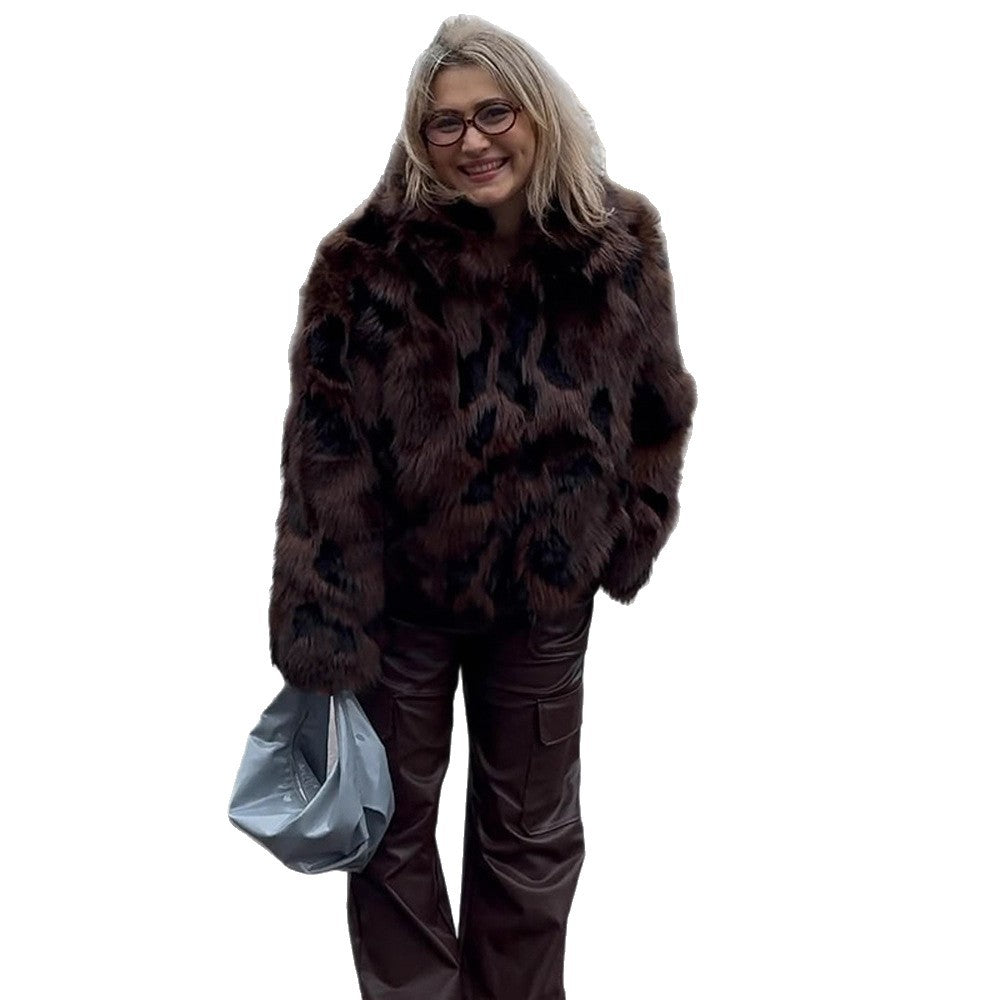 Damen Boxy-Kurzjacke aus Webpelz mit natürlicher Felloptik und breitem Schalkragen Nord Taschen