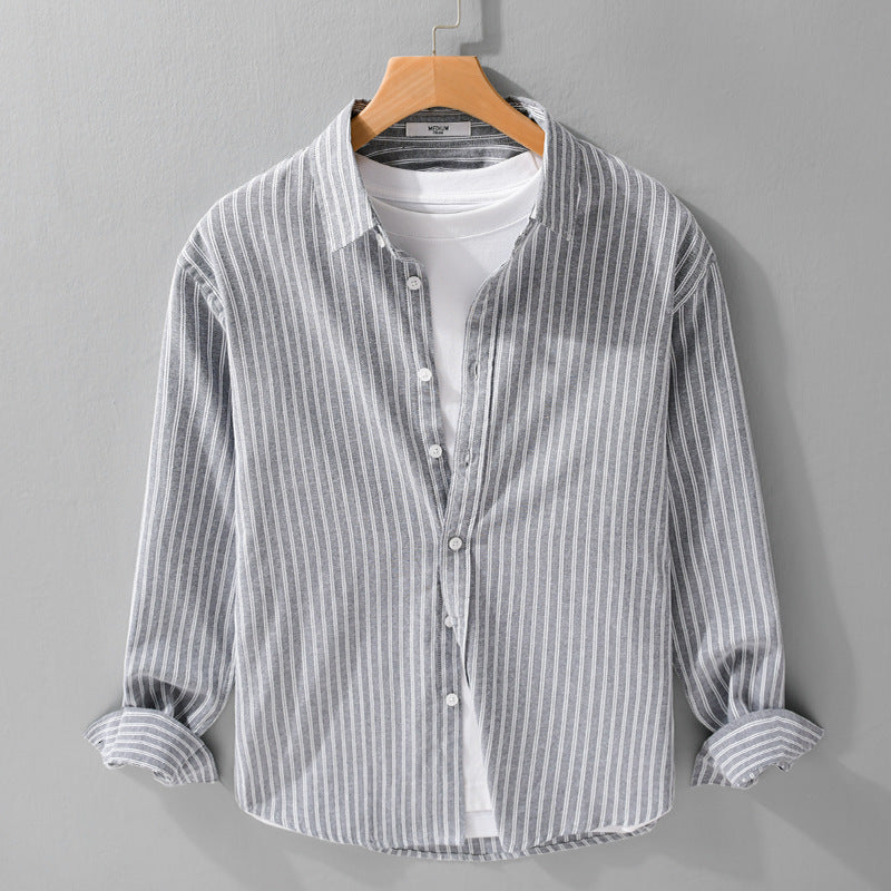 Herren Lässiges Leinen-Baumwoll-Langarmhemd mit feinem Nadelstreifen, Easy‑Care Finish und abgerundetem Saum Nord Taschen
