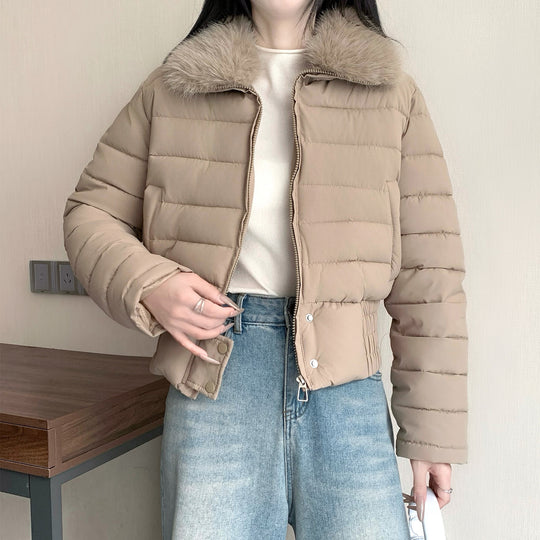 Damen nan kurze wattierte Taillenjacke mit abnehmbarem Kunstfellkragen und verstärktem Saum Nord Taschen