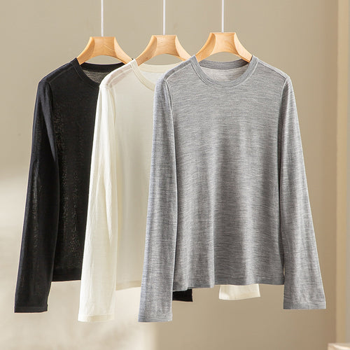 Damen Feines Langarm-Feinstrickshirt mit Rundhalsausschnitt und gerader Silhouette Nord Taschen