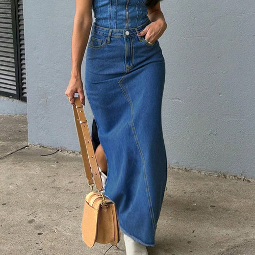 Damen High-Waist Maxirock aus Denim mit frontaler Ziernaht und seitlichem Beinschlitz Nord Taschen