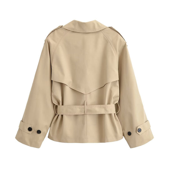 Damen 30+ kurzer taillierter Cropped Trenchcoat mit doppelreihiger Knopfleiste und Bindegürtel Nord Taschen