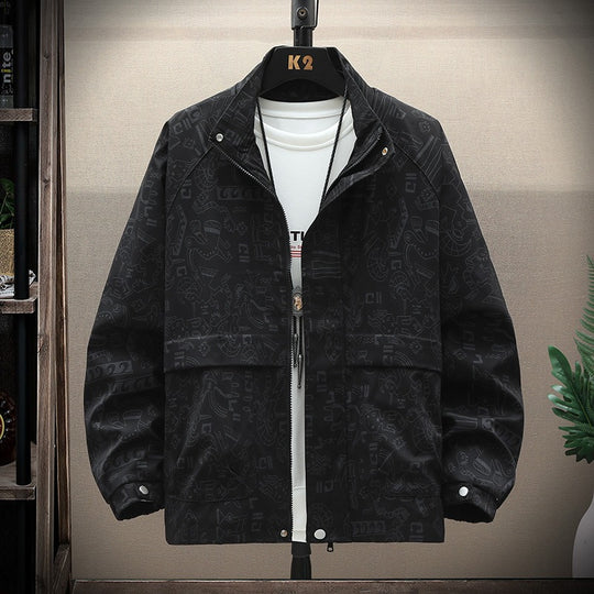 Herren leichte Overshirt-Utility-Jacke mit Allover-Print, Stehkragen & verdecktem Reißverschluss Nord Taschen