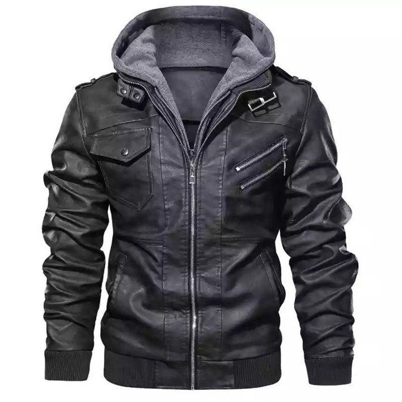 Herren Kapuzen-Lederimitatjacke im Bikerstil mit Reißverschlusstaschen und gerippten Bündchen Nord Taschen