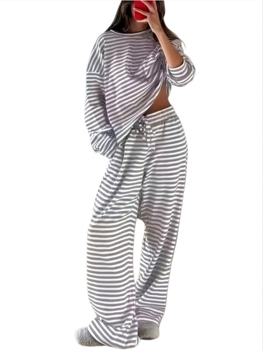 Damen Gestreiftes Lounge-Set aus weichem Baumwoll-Mix mit weitem Bein Nord Taschen