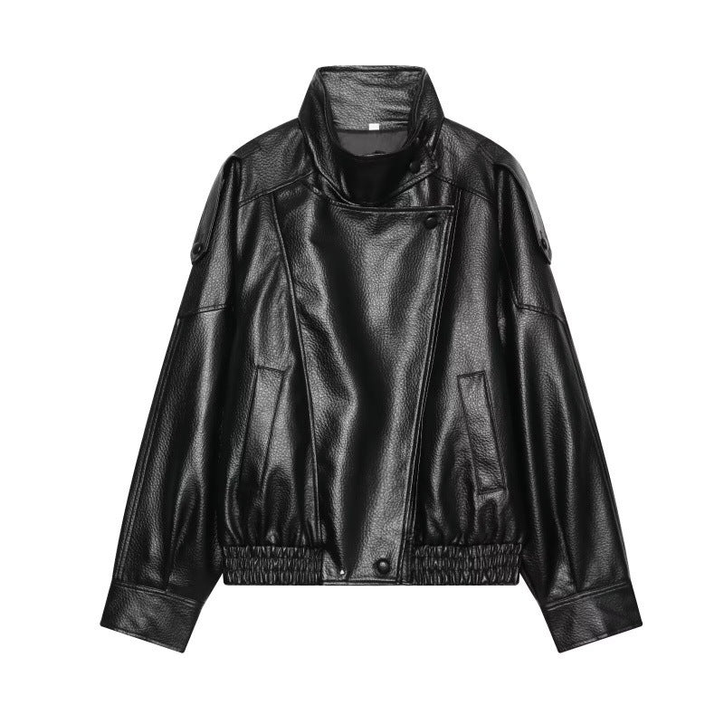 Damen Kunstleder-Bomberjacke mit hohem Stehkragen, asymmetrischem Verschluss und elastischem Saum Nord Taschen