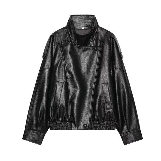 Damen Kunstleder-Bomberjacke mit hohem Stehkragen, asymmetrischem Verschluss und elastischem Saum Nord Taschen