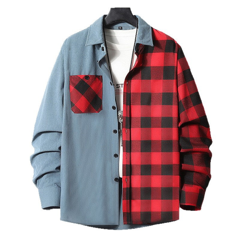 Herren Halbgespaltenes Overshirt im Lumberjack-Karo mit kontrastierender Uni‑Seite, Brusttasche und durchgehender Knopfleiste Nord Taschen